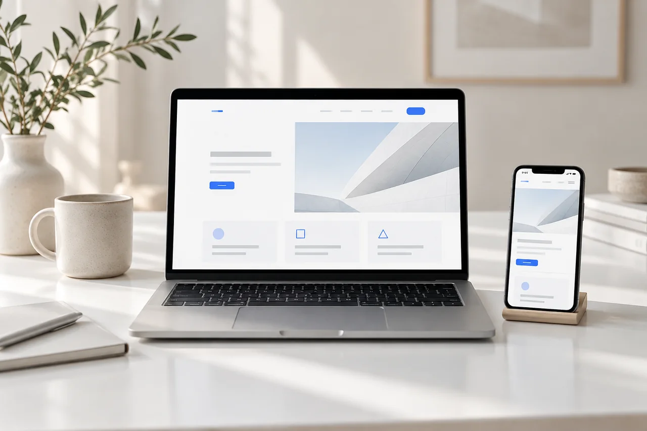 Laptop und Smartphone auf einem hellen Schreibtisch zeigen eine Website auf beiden Bildschirmgrössen