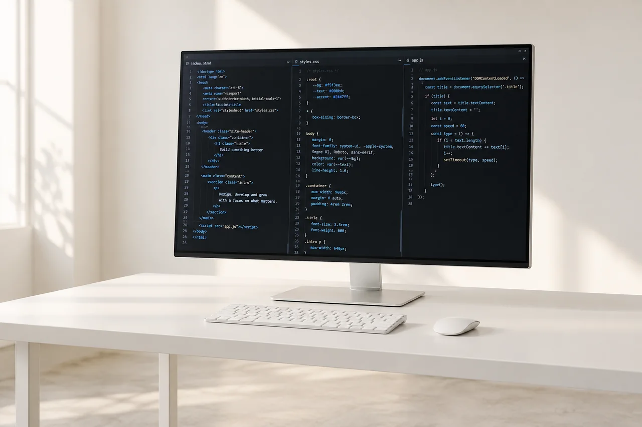 Illustration of a white desk with a monitor displaying code