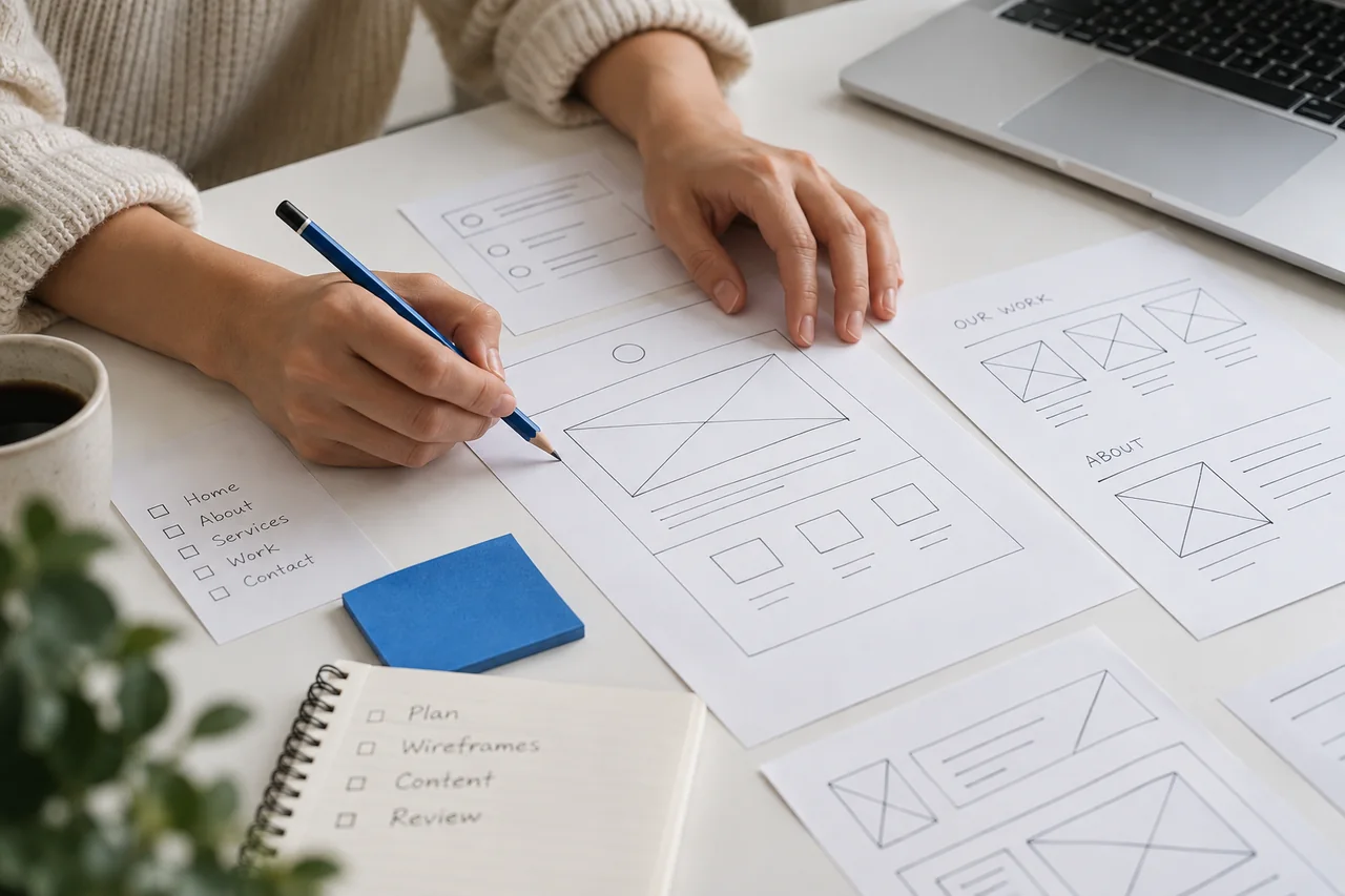 Illustration: planning a website with sketches on paper